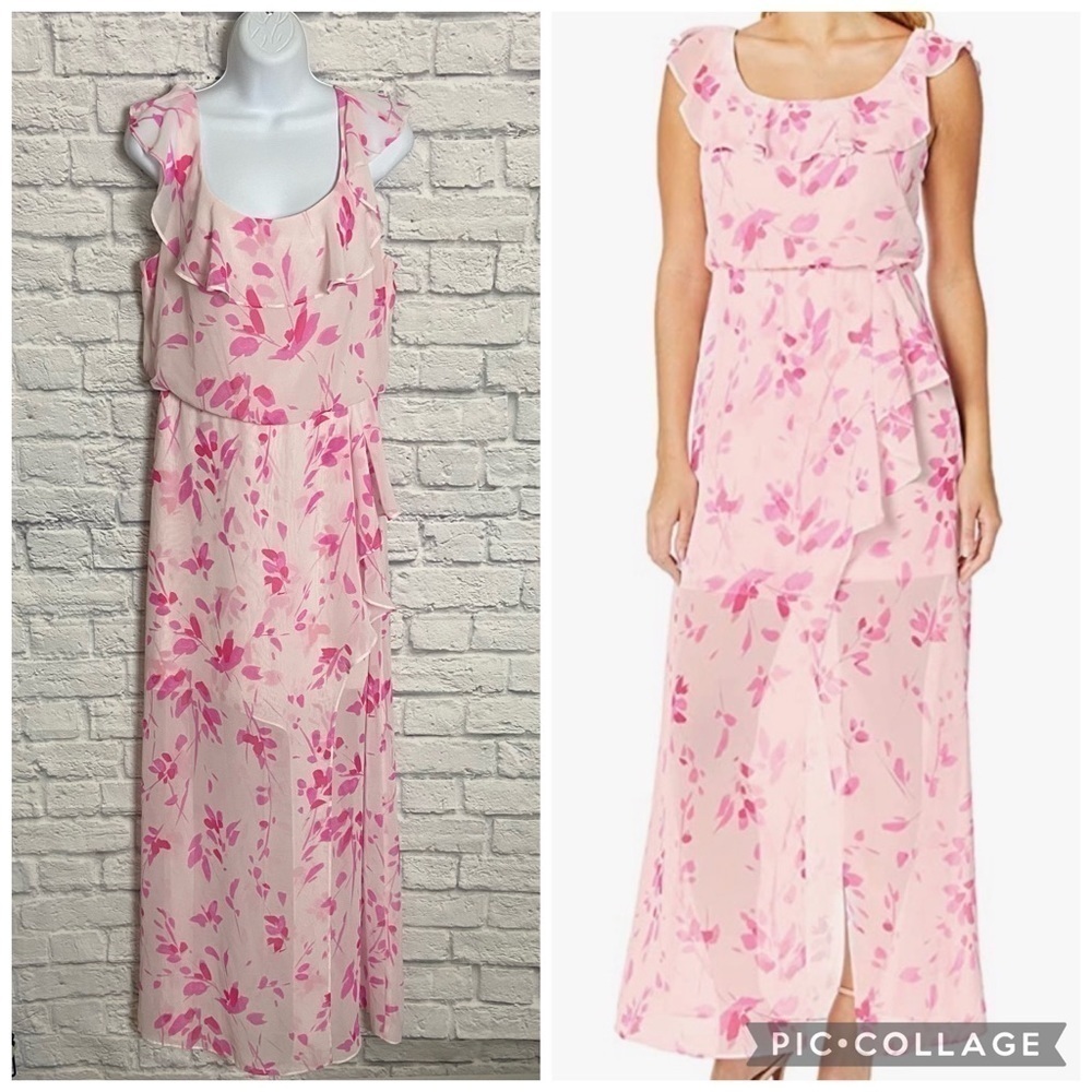 Nine West 8 Pink Floral Faux Wrap Asymmetrical Ruffle Maxi Dress